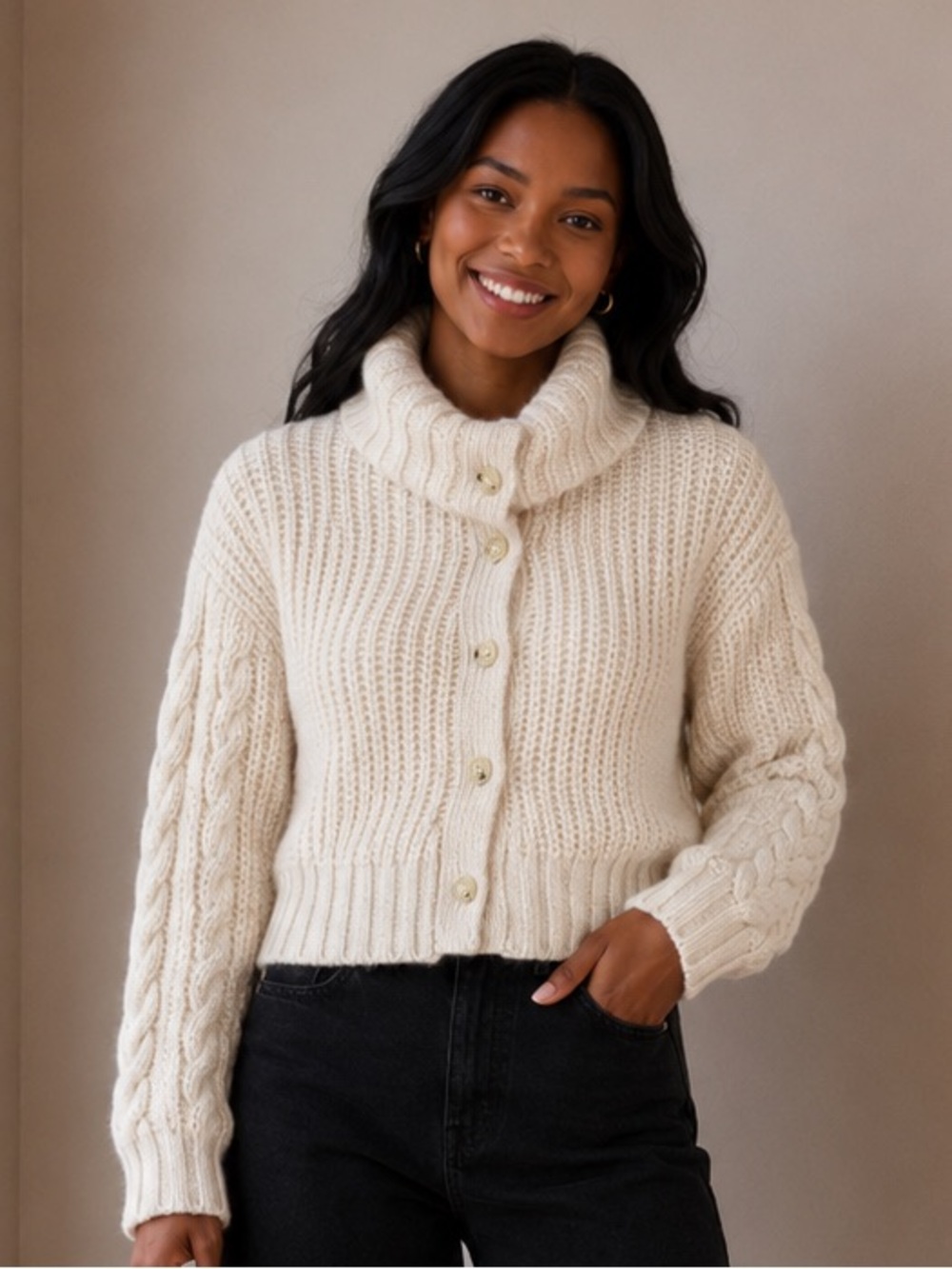 Topshop Cream Chunky Cable-Knit Button Cardigan